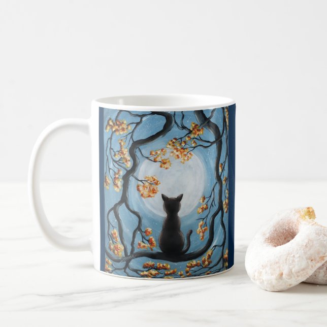Whimsical Cat in Tree Full Moon Painting Love Coffee Mug (With Donut)
