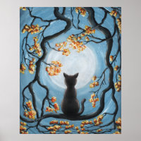 Whimsical Cat in Tree Full Moon Painting