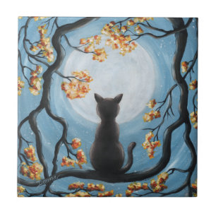 Whimsical Cat in Tree Full Moon Painting Tile