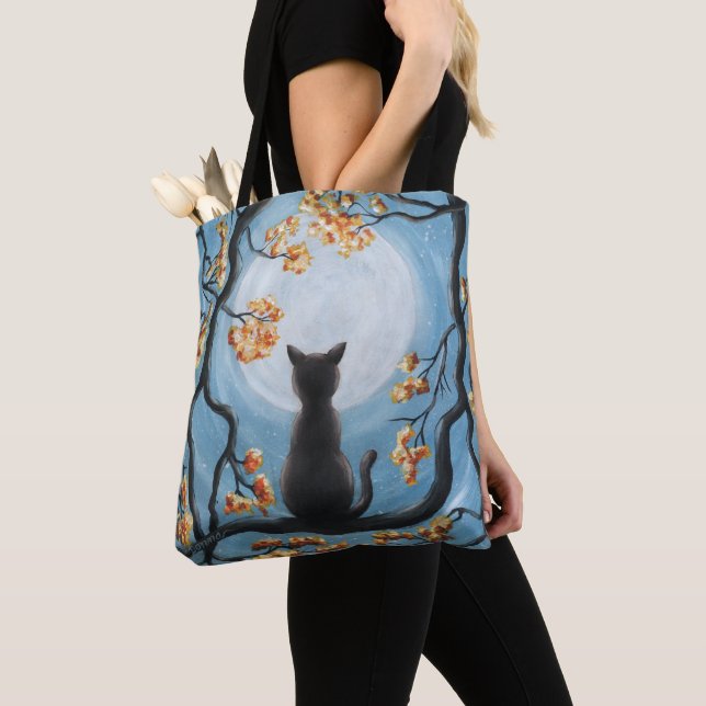 Whimsical Cat in Tree Full Moon Painting Tote Bag (Close Up)