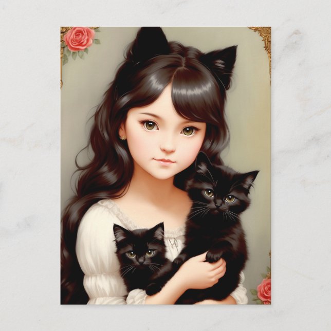 Whimsical Cat Lady - Vintage Painting. Postcard (Front)