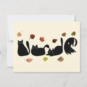 Whimsical Cat Line Art with Autumn Leaves Postcard