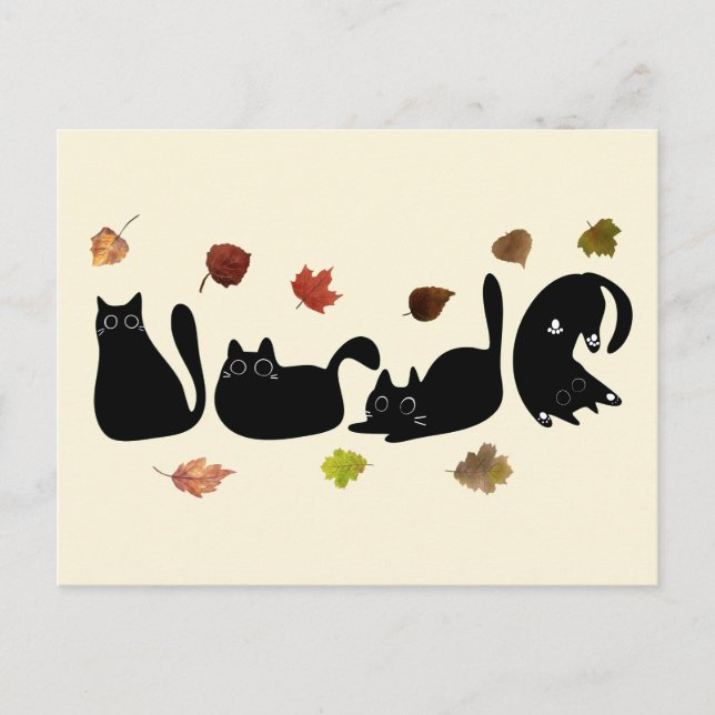 Whimsical Cat Line Art with Autumn Leaves  Postcard (Front)