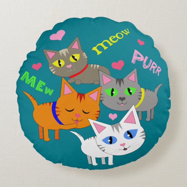 Whimsical Cat Lover's Cats Round Pillow (Front)