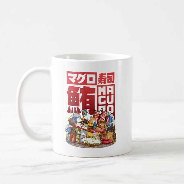 Whimsical Cat Maguro Tuna Sushi Workshop Coffee Mug (Left)