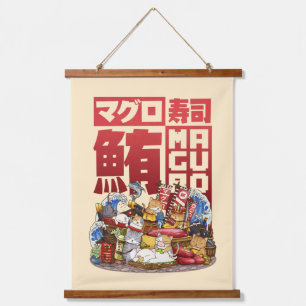 Whimsical Cat Maguro Tuna Sushi Workshop Hanging Tapestry