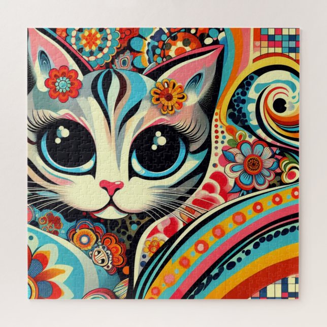Whimsical Cat Mexican Folk Art Talavera Style Jigsaw Puzzle (Horizontal)