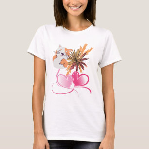 Whimsical Cat Mom Pink Hearts & Wildflower Floral T-Shirt