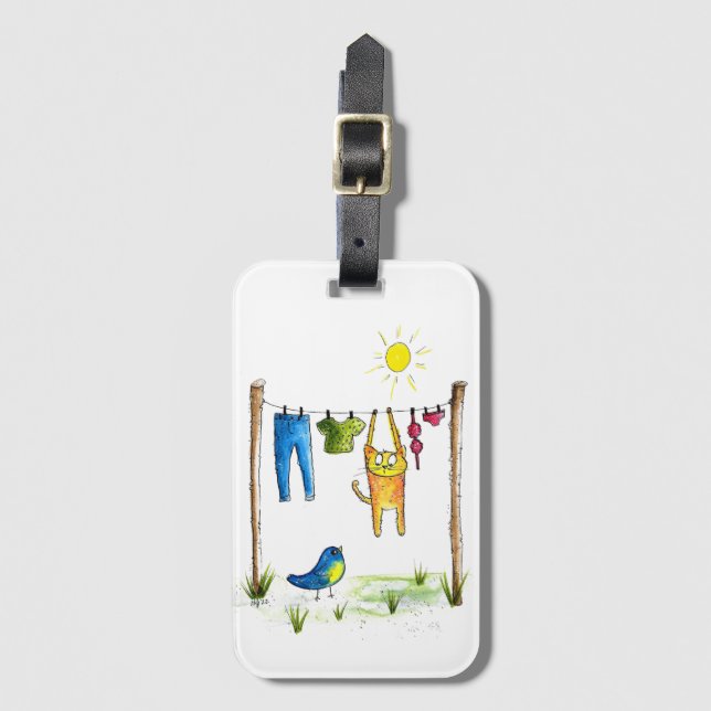Whimsical Cat on a Clothesline Luggage Tag (Front Vertical)