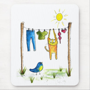 Whimsical Cat on a Clothesline Mouse Mat