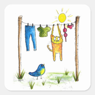 Whimsical Cat on a Clothesline Square Sticker
