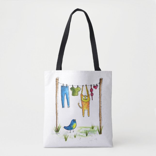 Whimsical Cat on a Clothesline Tote Bag (Front)