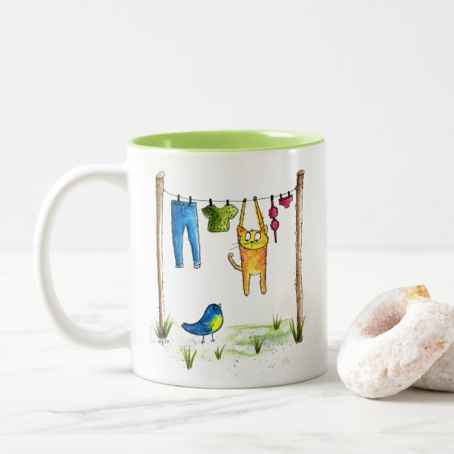 Whimsical Cat on a Clothesline Two-Tone Coffee Mug (With Donut)