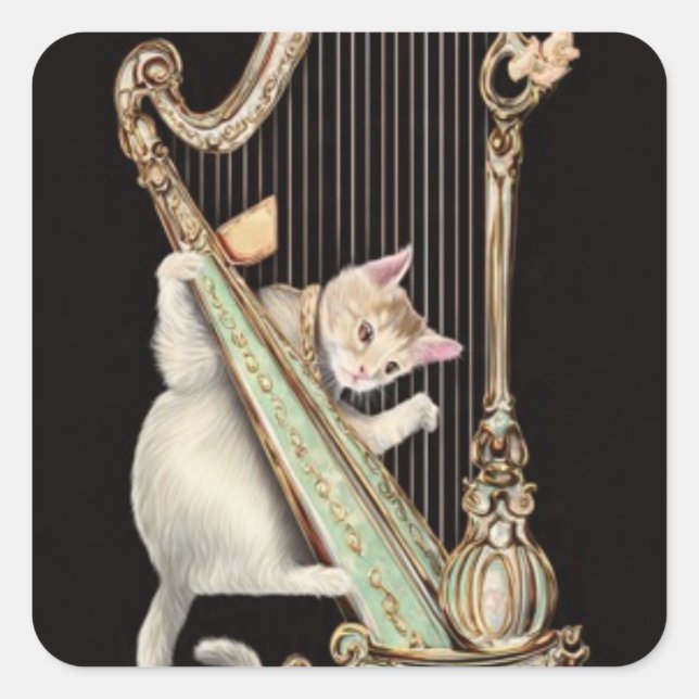 Whimsical Cat – Ornate Harp Sticker (Front)