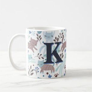 Whimsical Cat Pattern, Blue Gray Monogram Coffee Mug