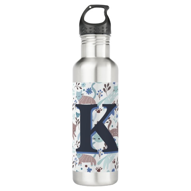 Whimsical Cat Pattern, Blue Grey Monogram 710 Ml Water Bottle (Front)