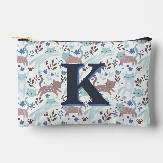 Whimsical Cat Pattern, Blue Grey Monogram Accessory Pouch (Front)