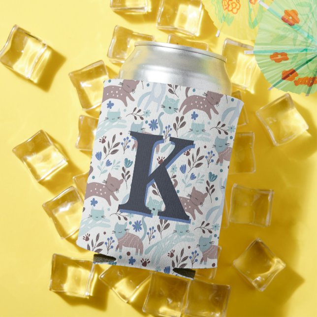 Whimsical Cat Pattern, Blue Grey Monogram Can Cooler (In Situ Summer)