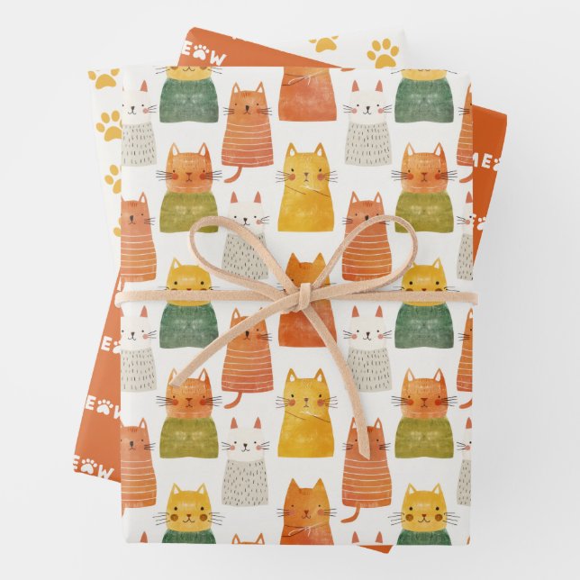 Whimsical Cat Pattern Feline Themed Colourful Wrapping Paper Sheet (In situ)