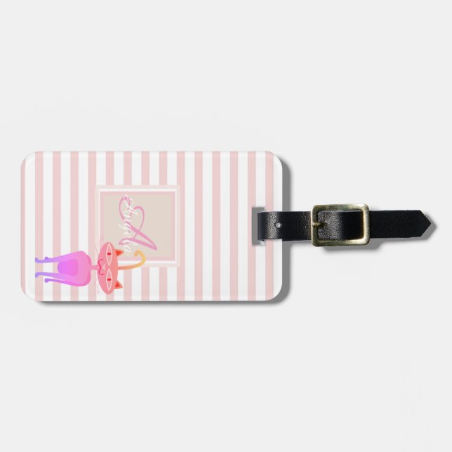 Whimsical Cat  Pink Stripe  Monogram-Personalised Luggage Tag (Front Horizontal)