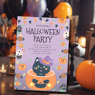 Whimsical Cat & Pumpkin Halloween  Invitation