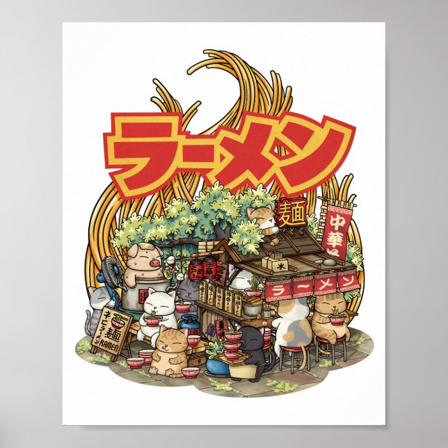 Whimsical Cat Ramen Noodle Stall Poster (Front)