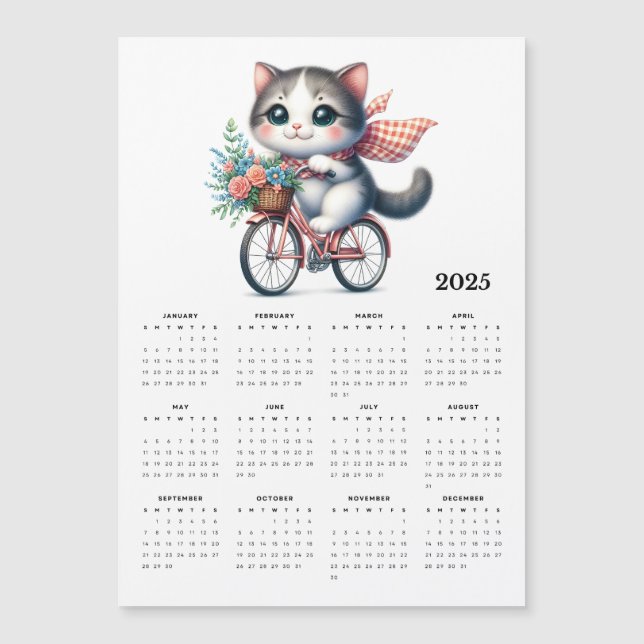 Whimsical Cat Riding Bicycle 2025 Magnet Calendar (Front)