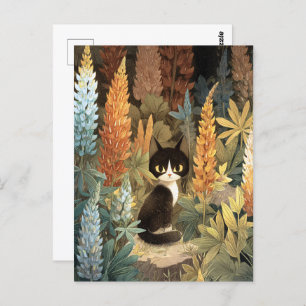 Whimsical Cat Sitting Among Vibrant Lupine Flowers Postcard