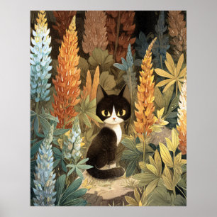 Whimsical Cat Sitting Among Vibrant Lupine Flowers Poster