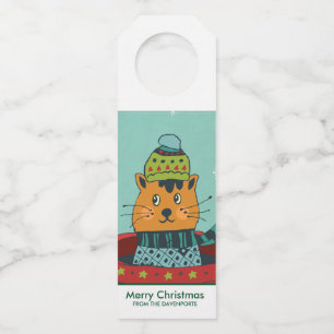 Whimsical Cat Sitting in a Teacup Christmas Bottle Tag
