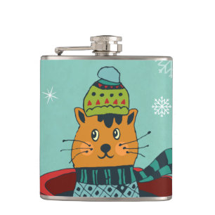 Whimsical Cat Sitting in a Teacup Christmas Hip Flask