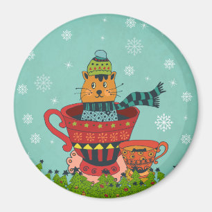 Whimsical Cat Sitting in a Teacup Christmas Magnet