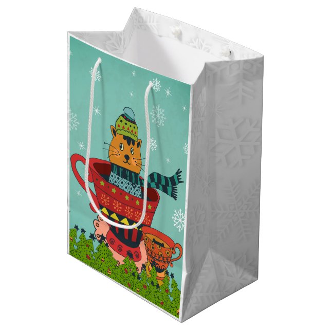 Whimsical Cat Sitting in a Teacup Christmas Medium Gift Bag (Front Angled)