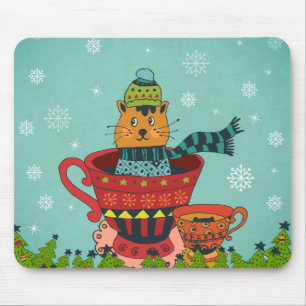 Whimsical Cat Sitting in a Teacup Christmas Mouse Mat