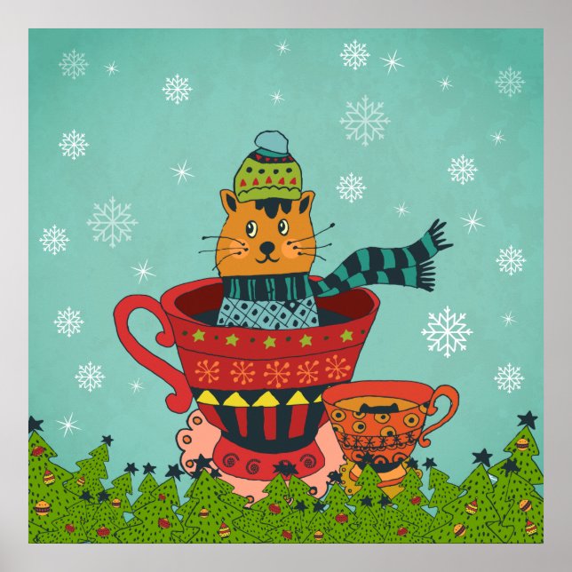 Whimsical Cat Sitting in a Teacup Christmas Poster (Front)