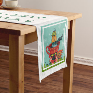 Whimsical Cat Sitting in a Teacup Christmas Short Table Runner
