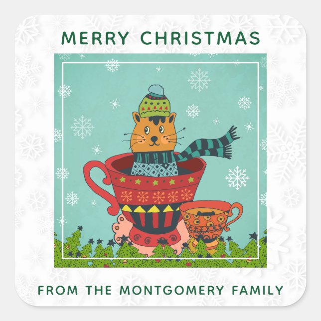 Whimsical Cat Sitting in a Teacup Christmas Square Sticker (Front)