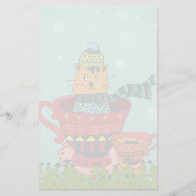 Whimsical Cat Sitting in a Teacup Christmas Stationery (Front)