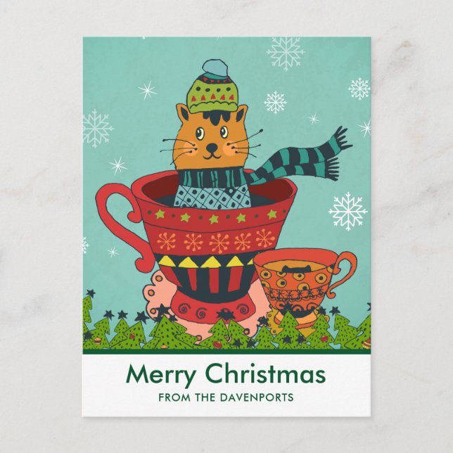 Whimsical Cat Sitting in a Teacup Merry Christmas Postcard (Front)