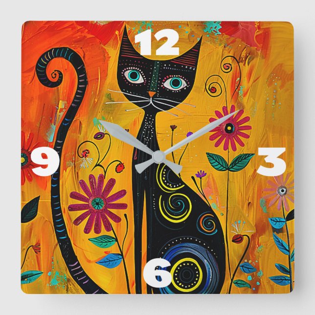 Whimsical Cat Square Wall Clock (Front)