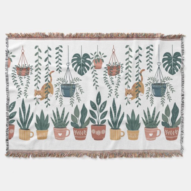 Whimsical Cat Tangled in Vines Plant Parent Blanke Throw Blanket (Front)