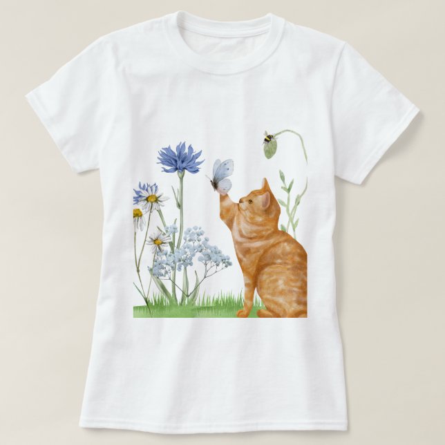 Whimsical Cat & Wildflower Women's Tee (Design Front)