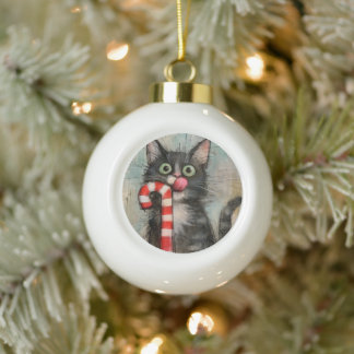 Whimsical Cat with Candy Cane Xmas Ceramic Ball Christmas Ornament