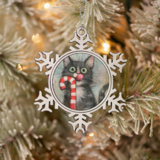 Whimsical Cat with Candy Cane Xmas Snowflake Pewter Christmas Ornament