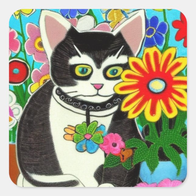 Whimsical Cat with Flower Folk Art Square Sticker (Front)