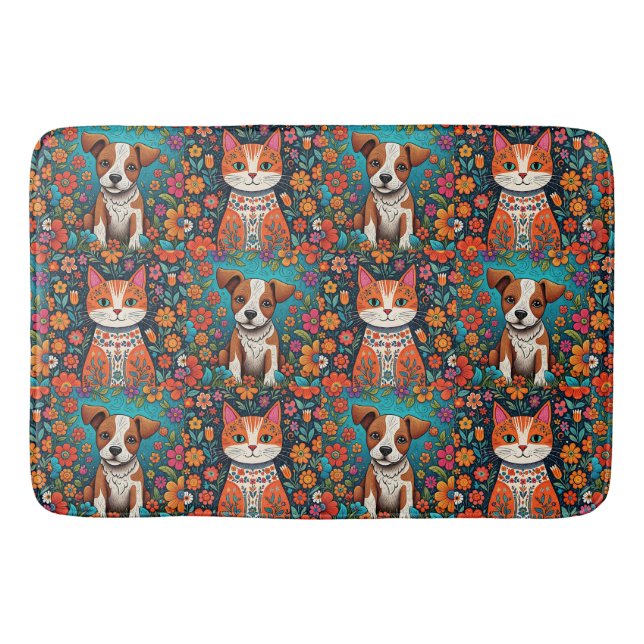 Whimsical Cats and Dog with Folk Art Flowers Bath Mat (Front)