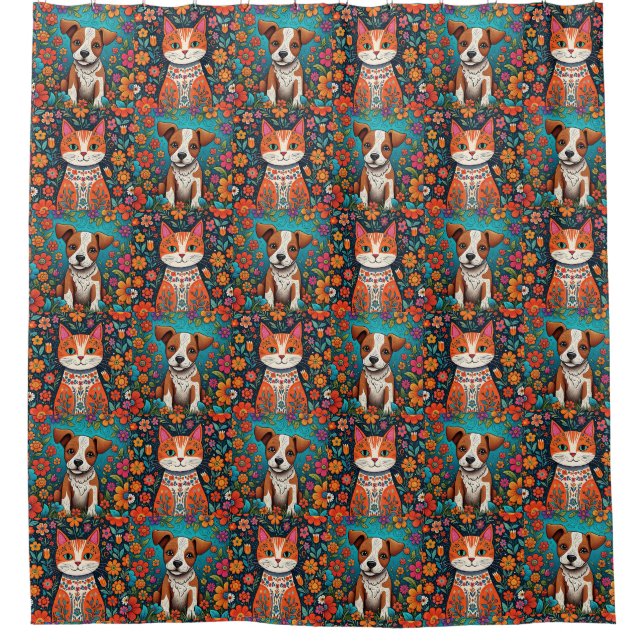 Whimsical Cats and Dog with Folk Art Flowers Shower Curtain (Front)