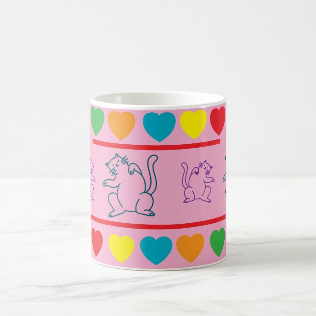 Whimsical Cats and Rainbow Hearts Coffee Mug (Center)