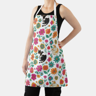 Whimsical Cats and Retro Floral Pattern  Apron