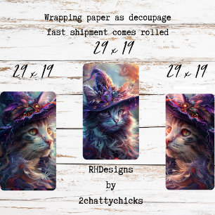 Whimsical Cats as Witches Purple Decoupage Wrapping Paper Sheet